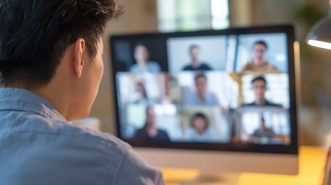 Asian businessman attending online meeting with colleagues using video conference on computer, working remotely from home office