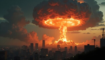 A nuclear explosion over a city with a mushroom cloud dominating the skyline