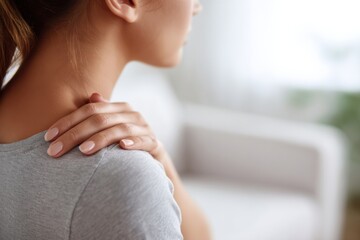 Close up of a young woman experiencing neck and shoulder pain, gently holding the affected area with her hand