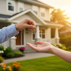Handing Over House Keys: New Home Ownership, Real Estate Transaction, and Property Investment at Sunset