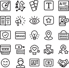 Professional Branding and Identity Line Vector Icon Set – Includes Logo, Marketing, Strategy, Communication, Customer Loyalty, Business Identity and Brand Awareness Elements