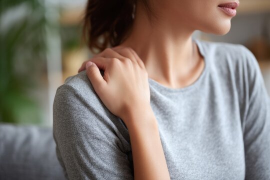 Closeup of a young woman holding her shoulder and neck, experiencing discomfort and pain while sitting on a sofa at home