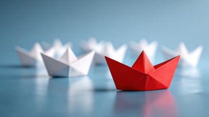Obraz premium Red Origami Boat Surrounded by White Paper Boats on Clean Surface