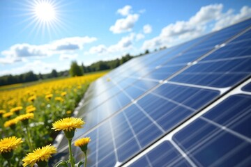 field of yellow flowers next to a row of solar panels