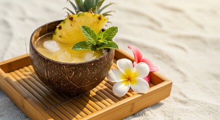 Tropical drink coconut pineapple beach scene