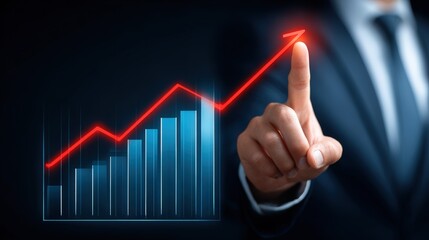 Businessman Pointing at Digital Graph with Upward Trend in Hand
