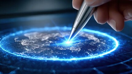 Close-up of a Hand Interacting with a Glowing Digital Earth Map