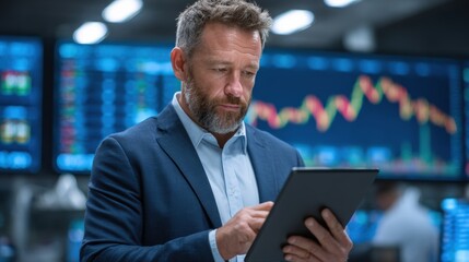 Focused Businessman Analyzing Data on Tablet in Modern Office Space
