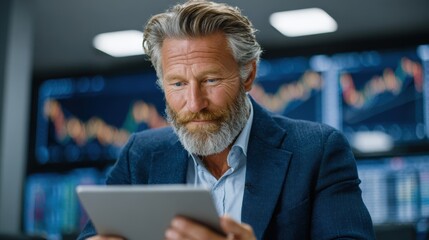 Close-up of Focused Businessman Using Tablet in Modern Office