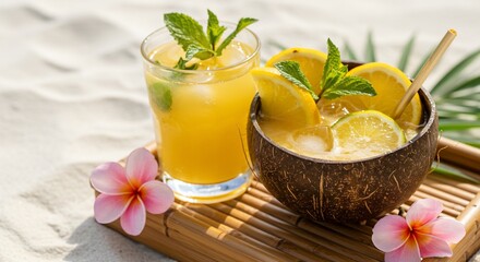 Tropical drinks  flowers on bamboo tray