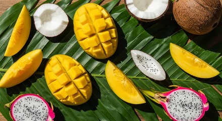 Tropical fruit platter on lush leaf