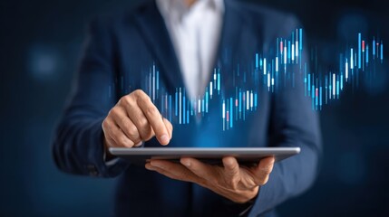 Close-Up of Businessman in Suit Holding Tablet with Data Visualization