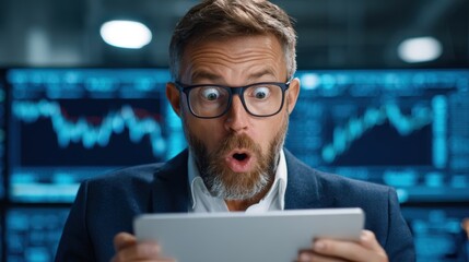 Close-up of Amazed Corporate Leader in Suit with Tablet Displaying Data