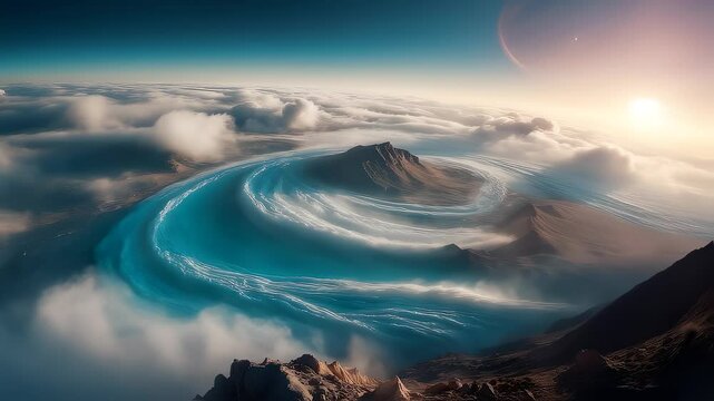 High-altitude Cloudscape with Fast-spinning Teal Cloud Vortex
