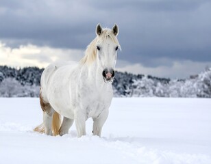 Obraz premium Majestic white horse in snowy landscape