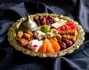 Assorted dried fruits and sweets on ornate tray