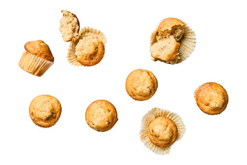 Collection of freshly baked banana nut muffins isolated on transparent background
