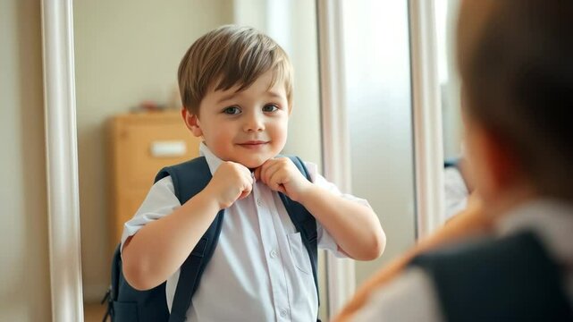 Young boy with confident smile wearing school backpack, looking at himself in the mirror before first day of school indoors