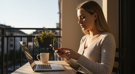 Woman on balcony using phone with laptop
