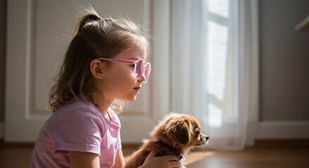 Young girl with glasses holding her small dog