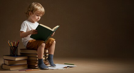 Young reader engrossed atop book stack