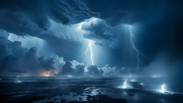 Dramatic Stormy Seascape with Lightning Strikes and Violent Clouds
