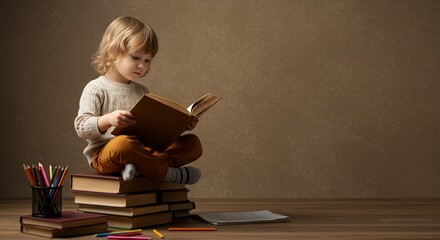 Young reader on stack of books