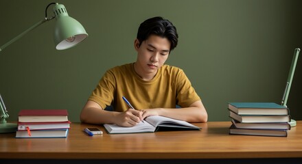 Youth studies beneath lamps glow