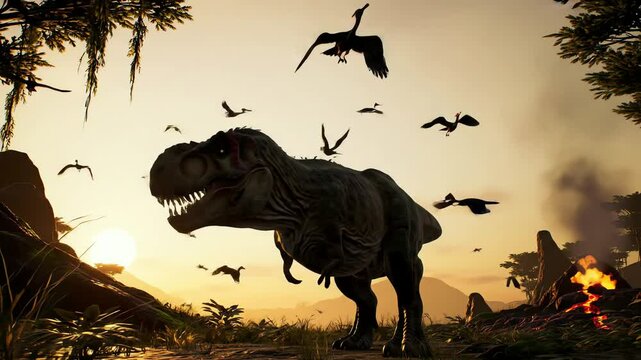 A TRex stands among pterodactyls in a sunset landscape with trees and a volcano