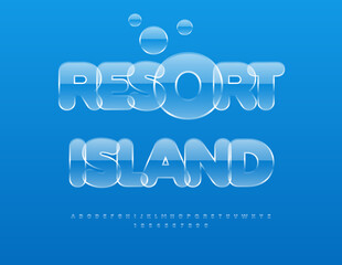 Vector Touristic poster Resort Island.  Transparent Glossy Font. Crystal style Alphabet Letters and Numbers set.