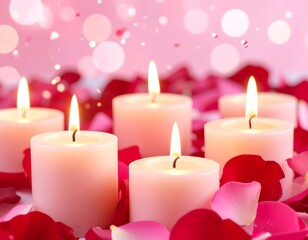 Romantic candles on rose petals