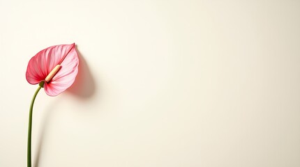 Ivory canvas flat-lay with a pink anthurium stem and soft shadow play, clean and modern floral layout, empty center in 16:9 format.