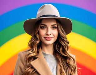 Woman in hat and coat against rainbow