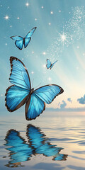 Three vibrant blue morpho butterflies fly over calm water reflecting their image under a starry sky