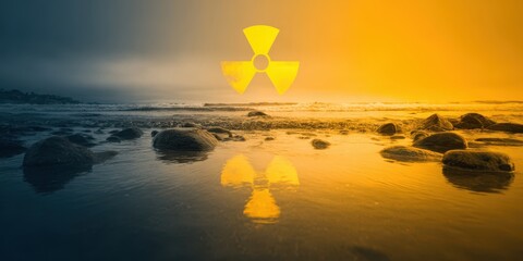 Nuclear symbol reflecting on water, environmental hazard concept