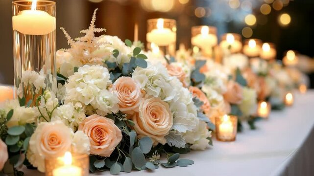 Elegant Wedding Table Decorated with Candles and Flowers
