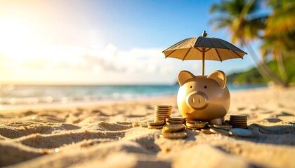 Gold piggy bank on beach under umbrella