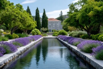 Fototapeta premium Tranquil reflecting pool bordered by vibrant lavender leading to a charming stone house