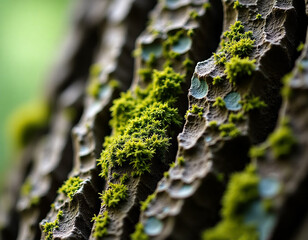 Macro: Rugged Tree Bark with Green Moss and Lichen