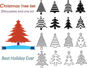 Christmas Tree Set Silhouettes And Line Art vector illustrations. christmas, tree, holiday, winter, xmas.