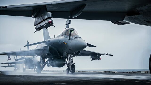 Military fighter jets taxiing on an aircraft carrier deck in overcast weather with dynamic motion and detailed aircraft features