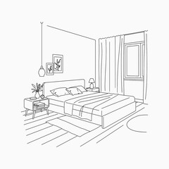 Bedroom interior with bed and window pillows blanket