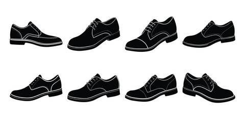 Vector black derby shoes collection isolated on white background.