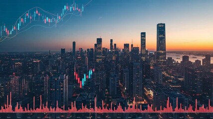 A vibrant city skyline at sunset with financial graphs overlaying the bustling urban landscape - Powered by Adobe