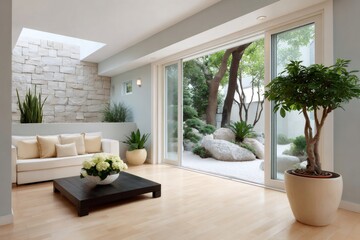 Fototapeta premium Modern living room overlooking zen garden with sliding door
