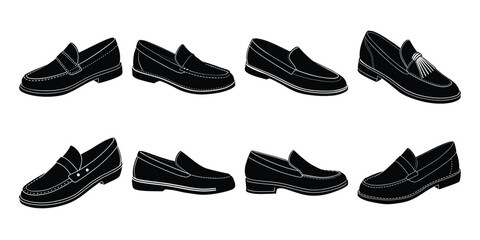 Set of black silhouette loafer shoes on white background.