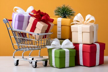 Obraz premium Miniature shopping cart overflowing with colorful christmas gifts on an orange background