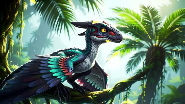 An intricate colorful dinosaur rests on a vine within a dense lush jungle environment