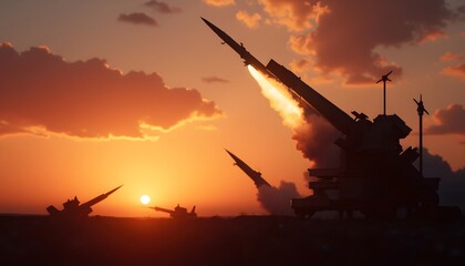 Silhouetted missile launchers are set against a fiery sunset with one missile launching upwards