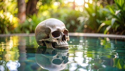 Skull floating in a pool